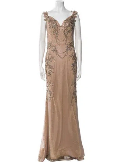 Pre-owned Terani Couture V-neck Long Dress In Brown