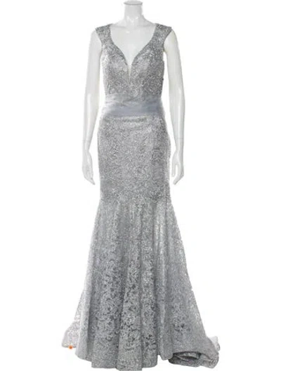 Pre-owned Terani Couture V-neck Long Dress In Gray