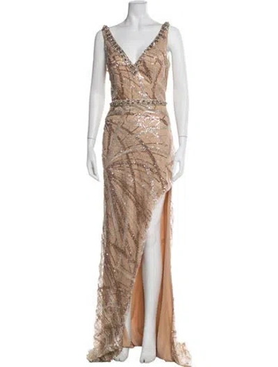 Pre-owned Terani Couture V-neck Long Dress In Neutral