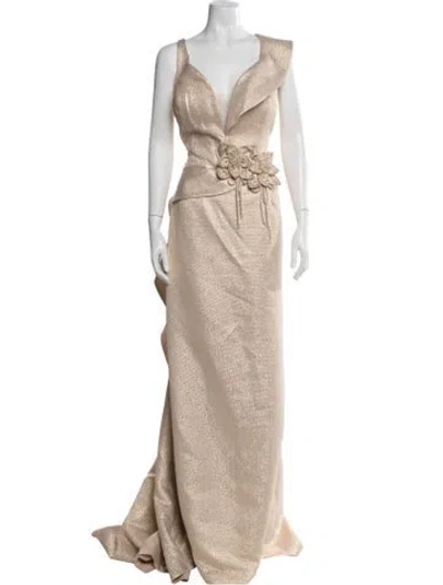 Pre-owned Terani Couture V-neck Long Dress In Neutral