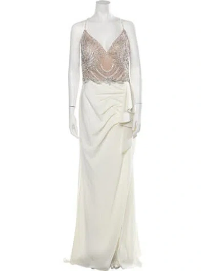 Pre-owned Terani Couture V-neck Long Dress In Neutrals