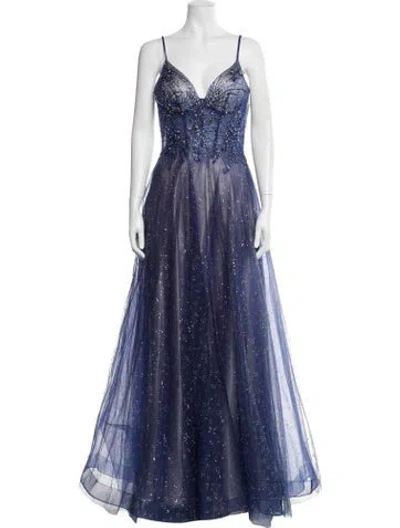 Pre-owned Terani Couture V-neck Long Dress W/ Tags In Blue