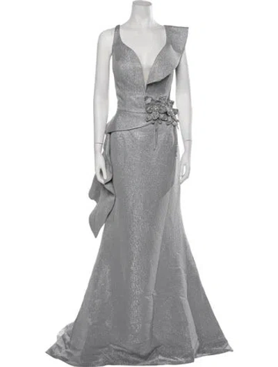 Pre-owned Terani Couture V-neck Long Dress W/ Tags In Gray