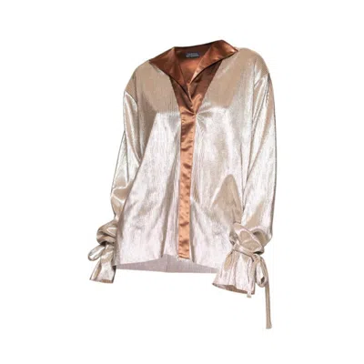 Terese Sydonna Women's Rose Gold Pleated Tie Sleeve Tuxedo Blouse