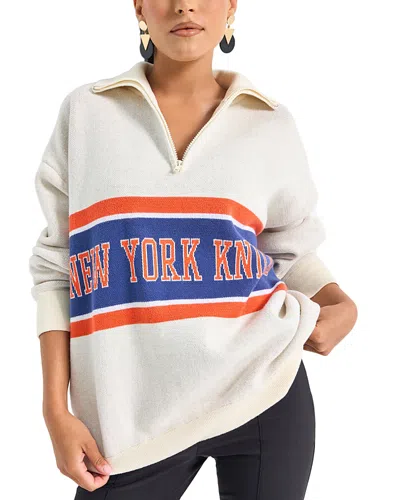 Terez Knicks Quarter Zip Stripe Logo Sweater In White