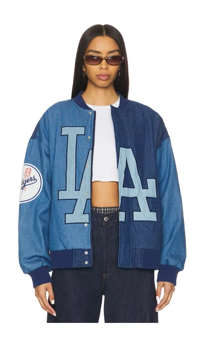 Terez X Revolve Dodgers Denim Logo Bomber In Blue