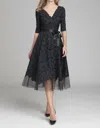 Teri Jon 3/4 Sleeve Lace And Tulle Fit And Flare Dress In Navy In Blue