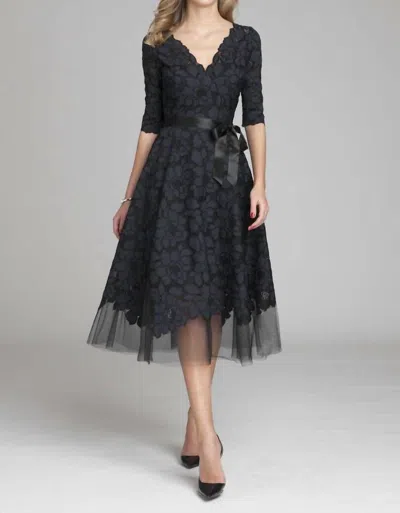 Teri Jon 3/4 Sleeve Lace And Tulle Fit And Flare Dress In Navy In Blue