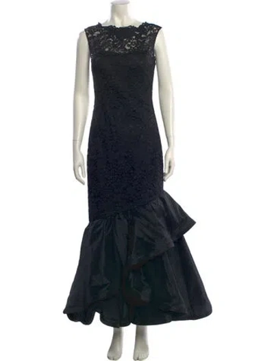 Pre-owned Teri Jon Bateau Neckline Long Dress In Black
