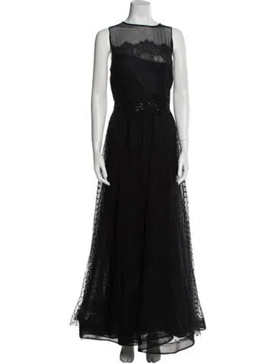 Pre-owned Teri Jon Bateau Neckline Long Dress In Black