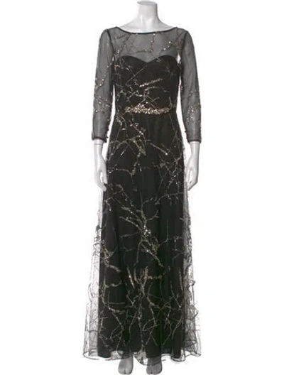 Pre-owned Teri Jon Bateau Neckline Long Dress In Black