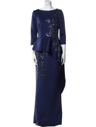 Pre-owned Teri Jon Bateau Neckline Long Dress In Blue