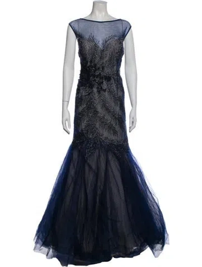 Pre-owned Teri Jon Bateau Neckline Long Dress In Blue