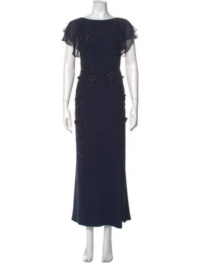 Pre-owned Teri Jon Bateau Neckline Long Dress In Blue
