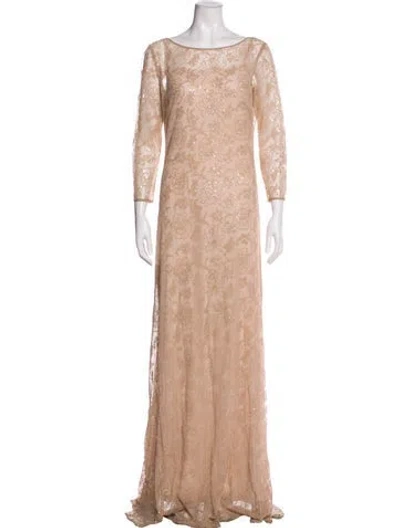 Pre-owned Teri Jon Bateau Neckline Long Dress In Neutral