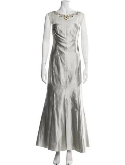 Pre-owned Teri Jon Bateau Neckline Long Dress In Silver