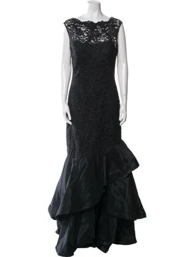 Pre-owned Teri Jon Bateau Neckline Midi Length Dress In Black
