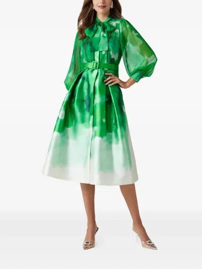 Teri Jon Belted Abstract-print Dress In Green