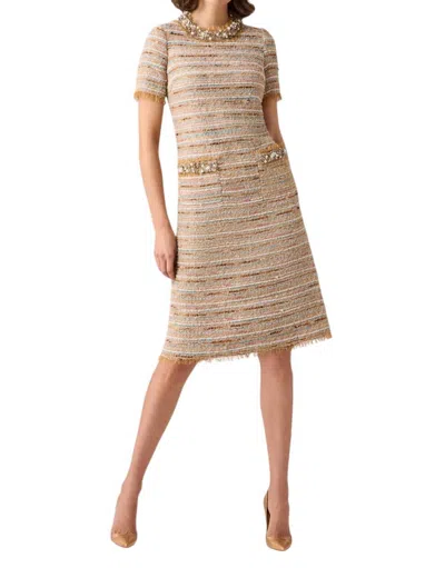 Teri Jon Boucle Fringe Trim Daytime Dress In Beige Multi