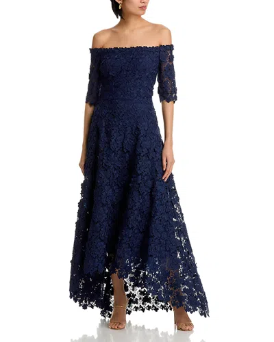 Teri Jon By Rickie Freeman 3d Flower Lace Off Shoulder High Low Gown