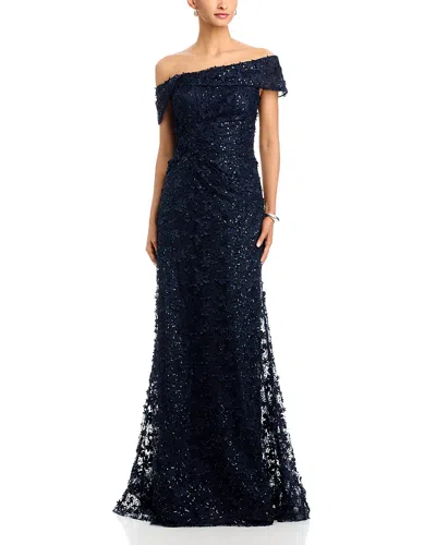 Teri Jon By Rickie Freeman 3d Lace Off-the-shoulder Gown In Blue