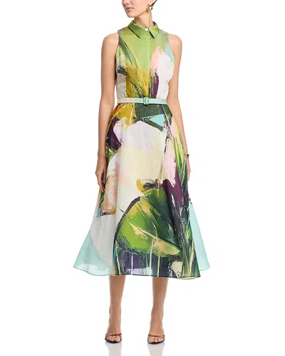 Teri Jon By Rickie Freeman Abstract Print Sleeveless Shirt Dress In Green
