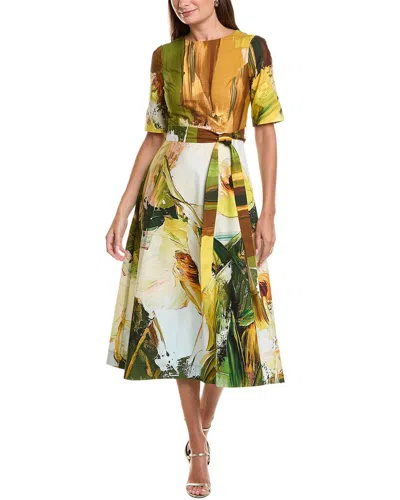 Teri Jon By Rickie Freeman Apron V-back Watercolor Print A-line Dress In Brown