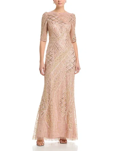 Teri Jon By Rickie Freeman Art Deco Beaded Tulle Elbow Sleeve Gown In Neutral