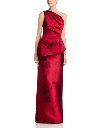 Teri Jon By Rickie Freeman Asymmetric Floral Print Mikado Gown In Red