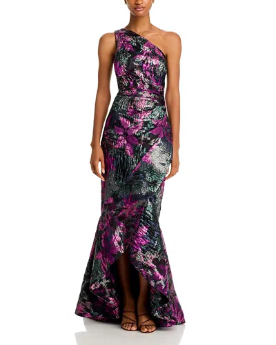 Teri Jon By Rickie Freeman Asymmetric Jacquard Gown In Purple Muli