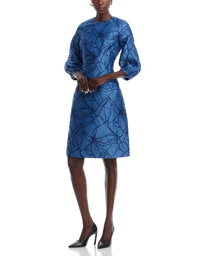 Teri Jon By Rickie Freeman Balloon Sleeve Jacquard Dress In Slate Blue