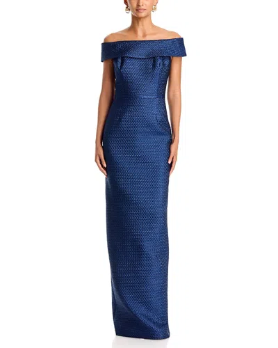 Teri Jon By Rickie Freeman Basket Weave Jacquard Off-the-shoulder Gown In Blue