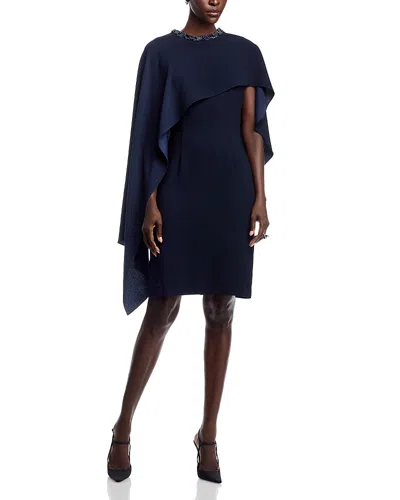 Teri Jon By Rickie Freeman Beaded Neck Cape Dress In Blue