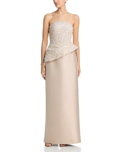 Teri Jon By Rickie Freeman Beaded Peplum Gown In Neutral