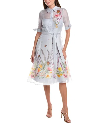 Teri Jon By Rickie Freeman Border Print Linen & Silk-blend Shirtdress In Blue