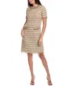 Teri Jon By Rickie Freeman Boucle Fringe Trim Sheath Dress In Neutral
