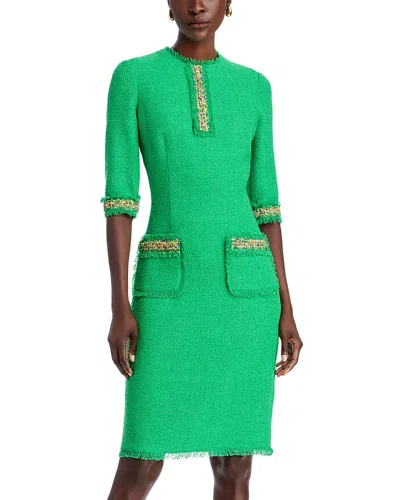 Teri Jon By Rickie Freeman Boucle Multicolor Yarn Trim Raw Edge Finish Dress In Kelly Green