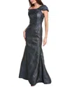 Teri Jon By Rickie Freeman Bow Back Metallic Jacquard Gown In Blue