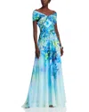 Teri Jon Women's Criss-cross Leaf Georgette Gown In Blue Multi