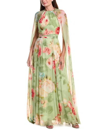 Teri Jon By Rickie Freeman Chiffon Floral Cape Gown In Green