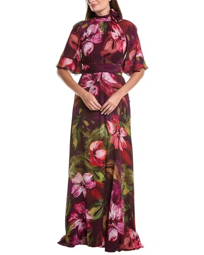 Teri Jon By Rickie Freeman Chiffon Floral Flutter Sleeve Maxi Gown In Multi