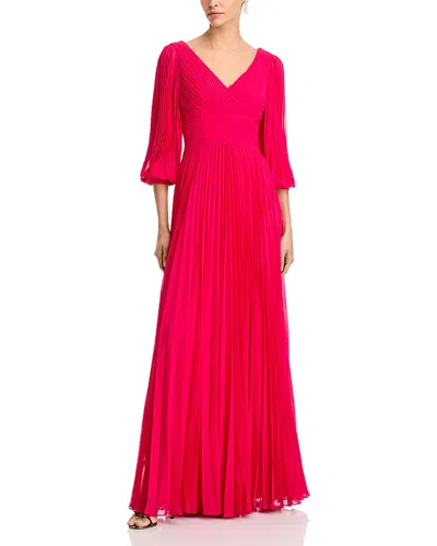 Teri Jon By Rickie Freeman Chiffon Pleated V Neck Gown In Fuchsia
