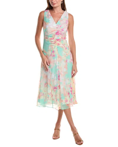 Teri Jon By Rickie Freeman Chiffon Print V-neck Ruched Front Silk Midi Dress In Multi