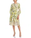 Teri Jon By Rickie Freeman Cotton Print Eyelet Trim Dress In Yellow
