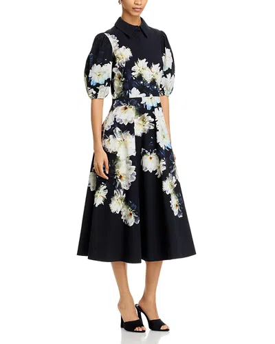 Teri Jon By Rickie Freeman Cotton Puff Sleeve Shirt Dress In Black Multi