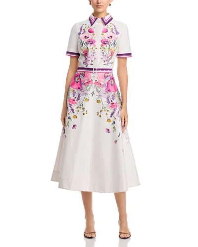 Teri Jon By Rickie Freeman Cotton Shirtwaist Floral Print Stripe Trim Dress In White