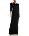 Teri Jon By Rickie Freeman Crepe 3d Flower Off The Shoulder Three Quarter Length Sleeved Gown In Multi