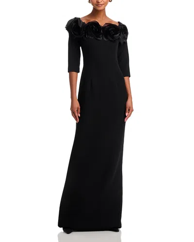 Teri Jon By Rickie Freeman Crepe 3d Flower Off The Shoulder Three Quarter Length Sleeved Gown In Black
