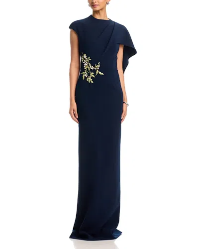 Teri Jon By Rickie Freeman Crepe Asymmetric Capelet Pearl Applique Waist Trim Gown In Blue