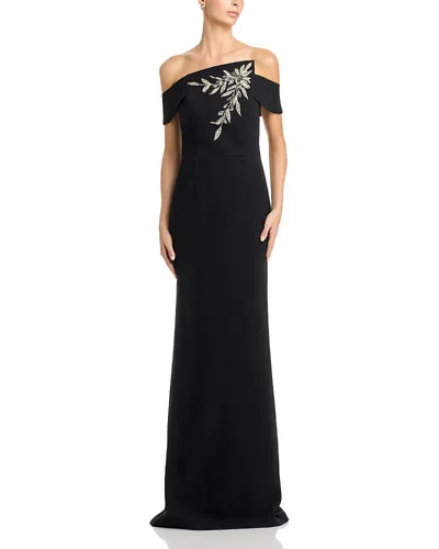 Teri Jon By Rickie Freeman Crepe Asymmetric Neck Embellished Gown In Black